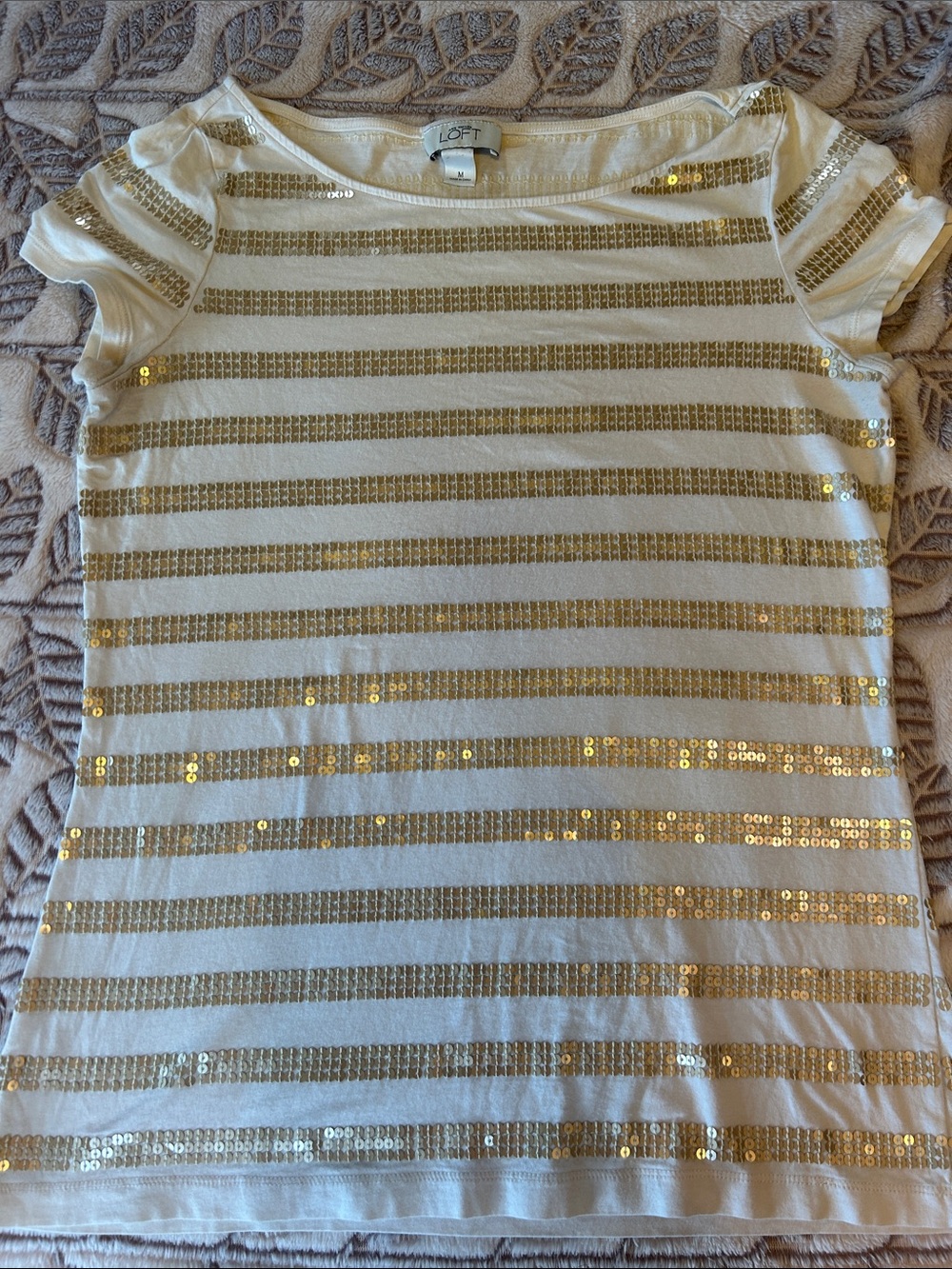 LOFT White Short-Sleeve Tee with Gold Sequin Stripes